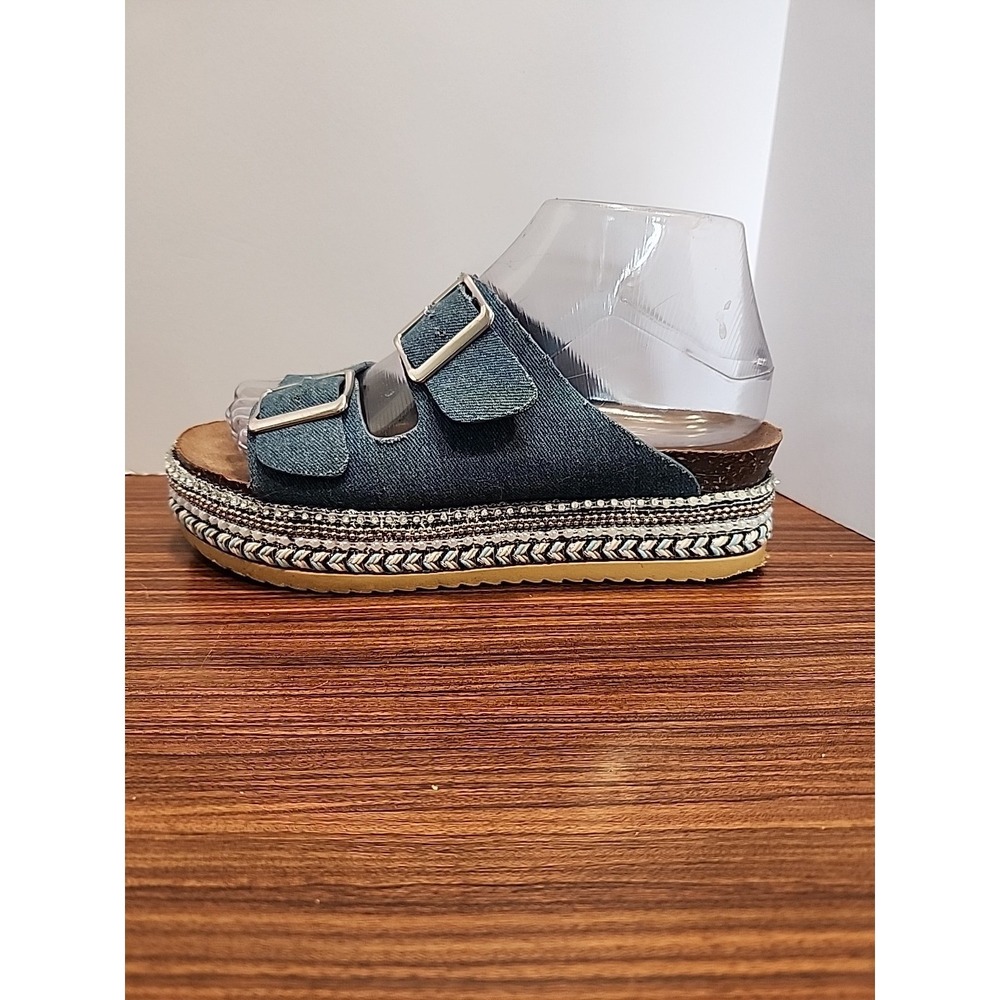Bamboo Chunky Cork Platform Blue Denim Fringe Studded Slide Sandals, Size 7 - Picture 5 of 8